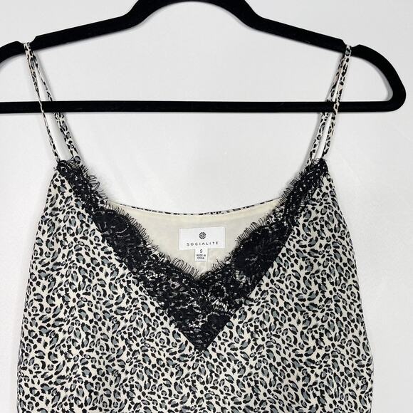 Socialite Small S Cream Black Leopard Animal Print Lace V Neck Camisole Tank Top - Picture 3 of 7
